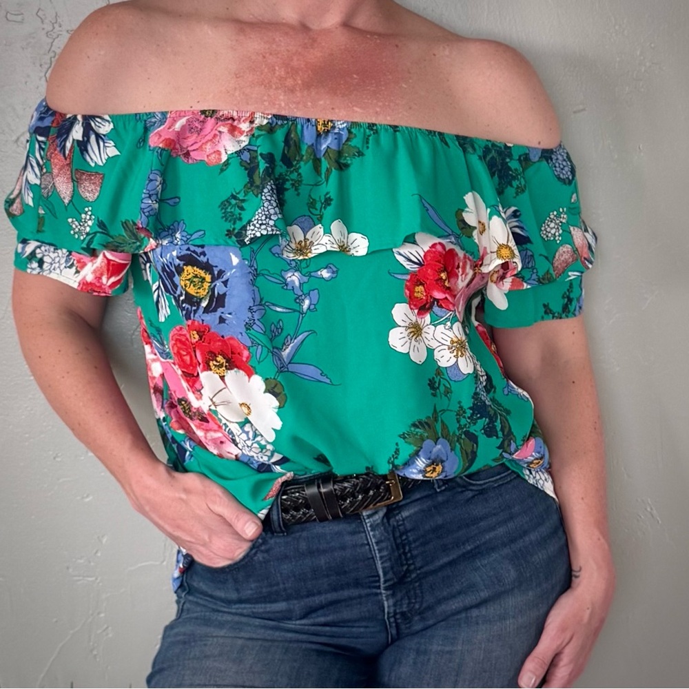 Xhilaration Teal Off-Shoulder Floral Ruffle Top